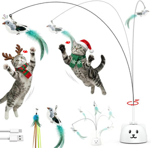 Interactive Cat Toys for Indoor Cats: Upgraded 360° Automatic Spin Flying Bird Feather Wand with Silicone Protected Rod Safe Play, Strong 8cm Suction Cup