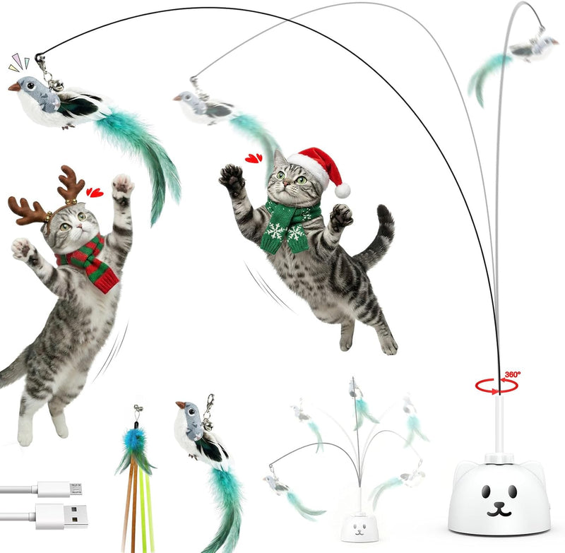 Interactive Cat Toys for Indoor Cats: Upgraded 360° Automatic Spin Flying Bird Feather Wand with Silicone Protected Rod Safe Play, Strong 8cm Suction Cup