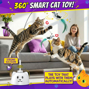 Interactive Cat Toys for Indoor Cats: Upgraded 360° Automatic Spin Flying Bird Feather Wand with Silicone Protected Rod Safe Play, Strong 8cm Suction Cup